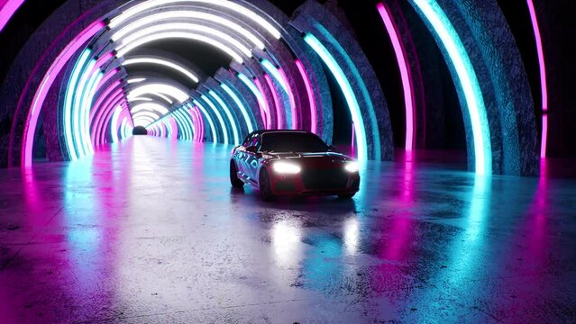 A modern sports car drives quickly through an abstract tunnel of ultraviolet light