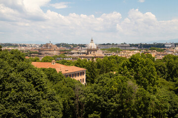 Panoramic scenic view of Rome, capital of Italy. With Basilica of San Giovanni dei Fiorentini and Castel Sant'Angelo (The Mausoleum of Hadrian). Seen from the Janiculum hill.