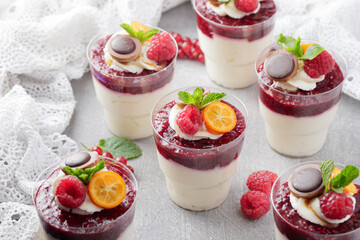 Panna cotta dessert with raspberry and mint