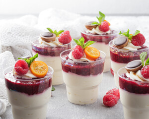 Panna cotta dessert with raspberry and mint