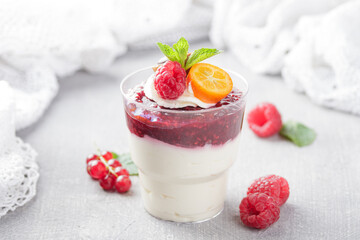 Panna cotta dessert with raspberry and mint