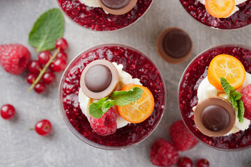 Panna cotta dessert with raspberry and mint