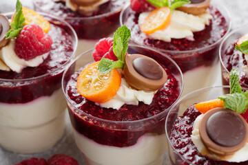 Panna cotta dessert with raspberry and mint