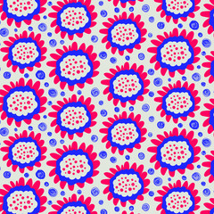 Bright floral pattern. Texture in doodle style. Pink, blue, gray and purple. Print for printing and decoration.