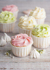 Spring pastel colored cupcakes and flowers