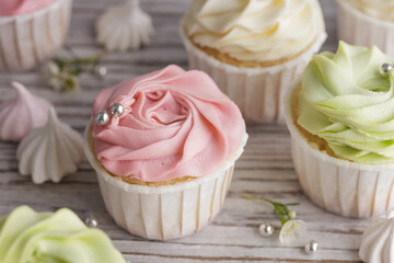 Fototapeta na wymiar Spring pastel colored cupcakes and flowers