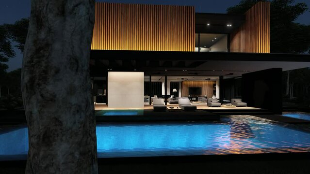 4K video rendering of modern cozy house with parking and pool for sale or rent with wood plank facade and beautiful interior of livingroom. Fly-walk
