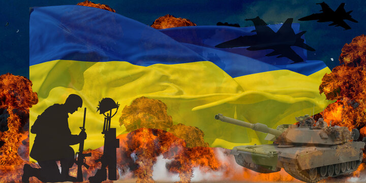 Horrific war scene of Ukraine, Russian aggression, and destruction of Ukrainian cities.   