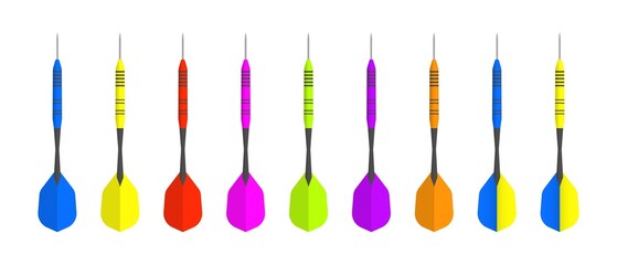 Colorful darts for playing set. Blue and yellow arrows for gaming competition. Purple throwable objects for business marketing and accurate vector achievements