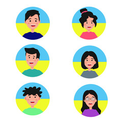 Teenagers avatars .Ukrainian faces. Support Ukraine. I stay with Ukraine. Stay with Ukraine. Pray for Ukraine. No war. Vector illustration.