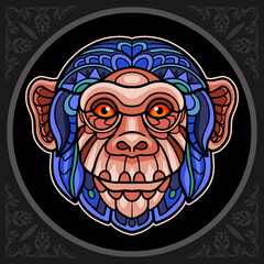 Colorful chimpanzee head zentangle arts, isolated on black background