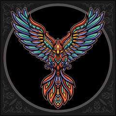 Colorful phoenix bird zentangle arts, isolated on black background