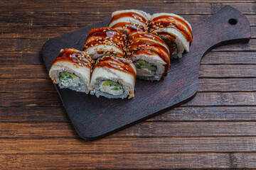 Asian traditional snack. Japanese sushi - fast food