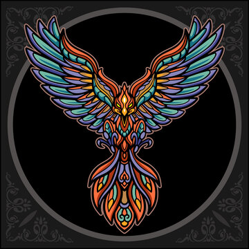 Colorful phoenix bird zentangle arts, isolated on black background
