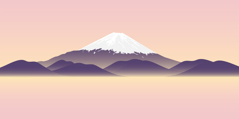 Asian country flat landscape at sunset with a mountain. Japan. Fujiyama. Silhouette - obrazy, fototapety, plakaty