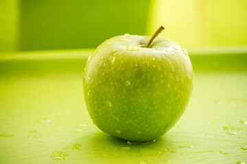 An apple green on a green background.