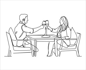 Single continuous line drawing of young happy male and female couple doing romantic date and dinner together at coffee shop. Marriage life concept. One line draw design vector graphic illustration
