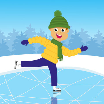 Cute smiling boy ice skating on rink. Winter scene with a forest on background. Winter activity with happy children. Funny ice skate scene. Christmas design. Flat vector illustration.