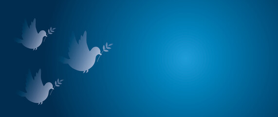 Fototapeta premium Group white dove blurred or pigeon carrying olive branch flying with light on dark blue background, Concept for World Peace Day, international Day of Peace, space for the text, Design style.