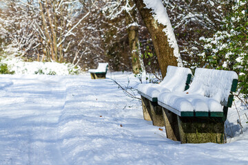 Snow covered rustic benches in a winter park