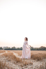 A pregnant woman on the background of a field at sunset, a woman with long hair and a belly spread her arms to the sides and enjoys the freedom of the wind.