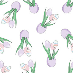 seamless pattern, Easter bouquet of tulips in the form of an egg, on a white background.