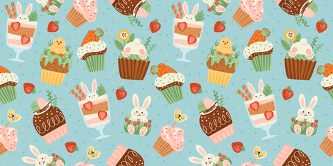 Easter seamless pattern with funny sweets. Cupcake, cake, dessert with easter symbols. Vector design