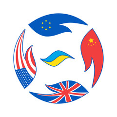 Vector illustration of world with flags and Ukraine in the centre.