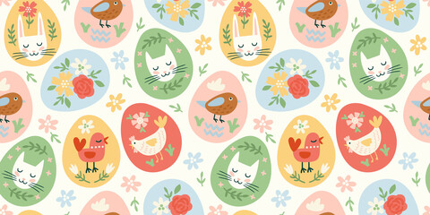 Happy Easter. Vector seamless pattern. Easter eggs with holiday symbols.