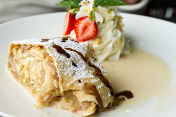 Dessert Crepe Served with Whipped Cream and Sauce