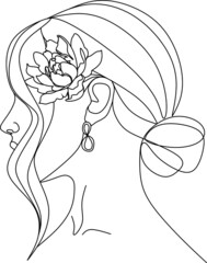 Abstract face with flowers by one line vector drawing. Portrait minimalistic style. Botanical print. Nature symbol of cosmetics. Modern continuous line art. Fashion print. Beaty salon logo.
