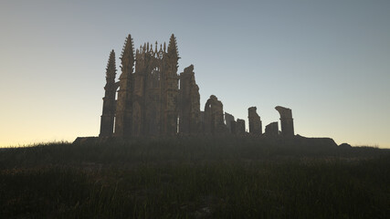 Obraz premium Ruined cathedral on a hill in countryside at sunrise. 3D render.