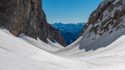 Ski mountaineering in the valley of Chianevate, Carnic Alps, Friuli-Venezia Giulia, Italy
