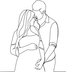 Continuous line drawing of a man with a pregnant woman. Greeting card concept. vector illustration