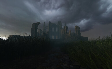 Ruin of an ancient cathedral in foggy countryside under a dark cloudy sky. 3D render.