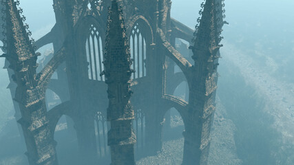 Aerial of an ancient dilapidated church in mist. 3D render.