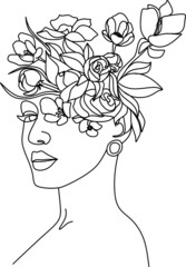 Abstract face with flowers by one line vector drawing. Portrait minimalistic style. Botanical print. Nature symbol of cosmetics. Modern continuous line art. Fashion print. Beaty salon logo.