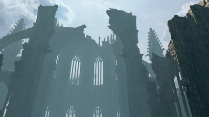 An ancient dilapidated church in the mist under a cloudy sky. 3D render.