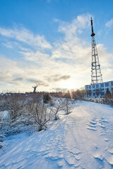TV station, winter snowfall in early morning, Volgograd, russia, winter landscapes, 