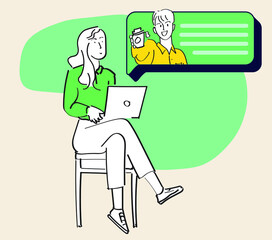 Young people use Smartphone and Surfing in Social Media. Girl Chatting, Liking Photos and Make Video Call with Friends in Mobile App. Flat Cartoon Vector Illustration.