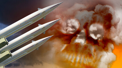 Raketen auf Abschussrampe mit Totenkopf im Hintergrund