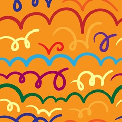 Seamless abstract pattern on orange background. Vector doodle image. Graphic linear wallpaper.