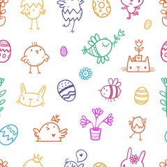 Easter seamless colorful pattern with cute cartoon chicks on white background. Painted eggs print. Holiday doodle wallpaper.