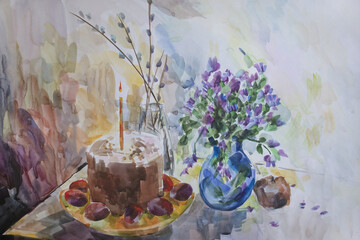 Ritual meal fine art. Easter cake and lit candle. Orthodox christian festival. Watercolor illustration. Ecclesiastical painting. Religious illustration. Spring watercolor artwork.