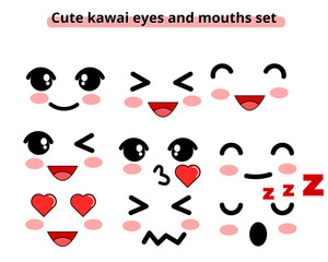 Cartoon Kawai Eyes And Mouths. Cute Emoticon Emoji In Japanese Style. Vector Emoticon Kawaii Japanese Anime Illustration