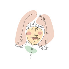 Female face single line drawing and pastel abstract shapes composition. Portrait of young beautiful girl line art.