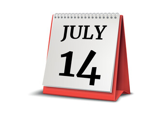 July 14. Calendar on white background. 3D illustration.