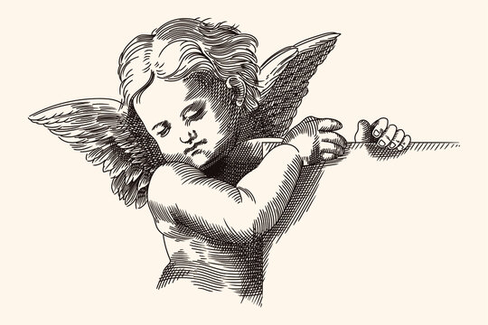 A small child angel with wings holds a nameplate in his hands. Medieval engraving isolated on a beige background.