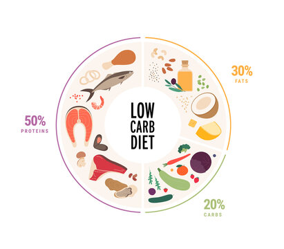 Food guide concept. Vector flat modern illustration. Weight loss low carb diet food plate infographic with label and percent. Colorful food, meat, oil, cheese and vegetables icon set in circle frame.