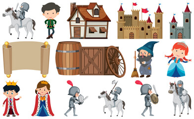 Medieval characters buildings set
